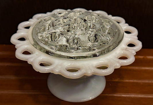 Vintage Anchor Hocking Open Lace Edge Milk Glass Compote with Glass Frogs - Collectible