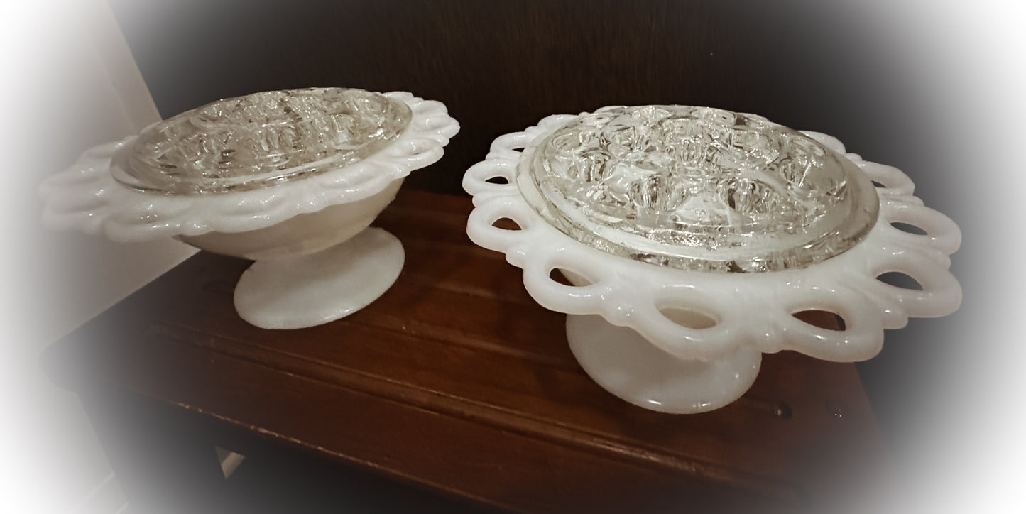 Vintage Anchor Hocking Open Lace Edge Milk Glass Compote with Glass Frogs - Collectible